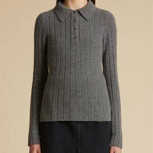 KHAITE Grey Ribbed Cashmere Polo Sweater | Slim-Fit Button-Front Luxury Knit
